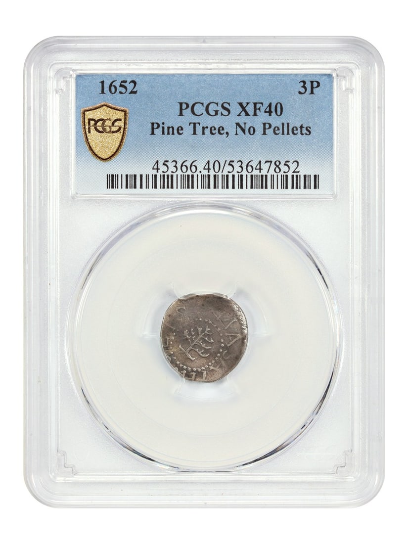 PCGS XF40 1652 Pine Tree 3Pence Colonial Coin: PCGS XF40 1652 Pine Tree 3Pence Colonial Coin This 1652 3Pence Pine Tree coin is a Colonial issue, graded XF40 by PCGS. It is a circulated example with charcoal gray surfaces and rose hues, highlighte