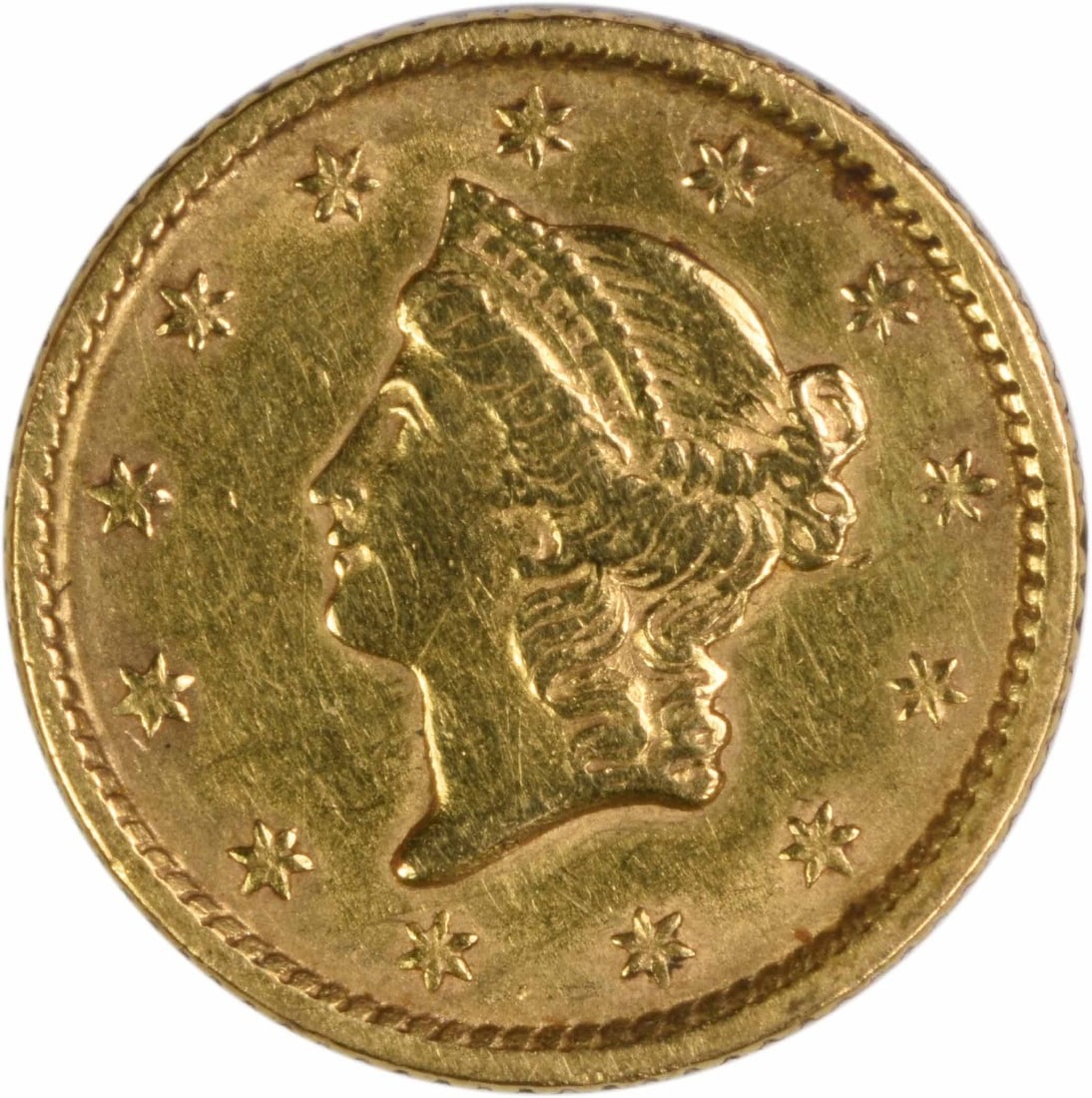 1852 Type 1 One Dollar Gold Coin Philadelphia EF Uncertified: 1852 Type 1 One Dollar Gold Coin Philadelphia EF Uncertified This 1852 $1 Gold Type 1 coin is a circulated, pre-owned piece from the Philadelphia Mint. Designed by James Barton Longacre, it is compose