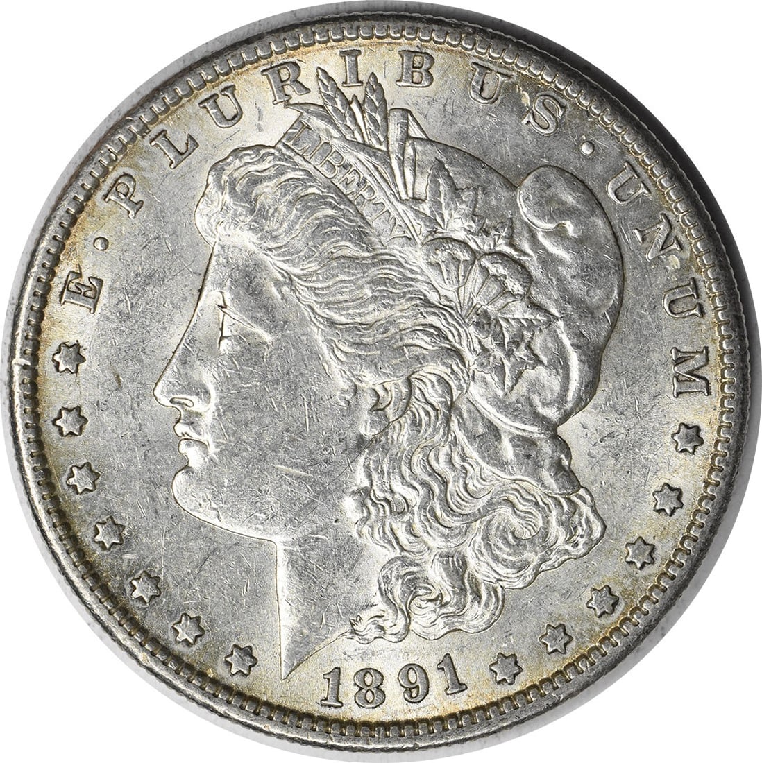 1891-S Morgan Silver Dollar AU Uncertified 90% Silver Coin: 1891-S Morgan Silver Dollar AU Uncertified 90% Silver Coin This 1891-S Morgan Silver Dollar features a grade of AU and is composed of 90% silver and 10% copper. Minted in San Francisco, it showcases t