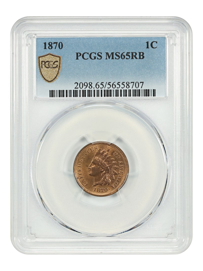 1870 Indian Cent PCGS MS65RB Philadelphia: 1870 Indian Cent PCGS MS65RB Philadelphia This 1870 Indian Cent is a desirable example from a challenging year in the series. Graded MS65RB by PCGS, the coin features crisp, satiny surfaces with a bri