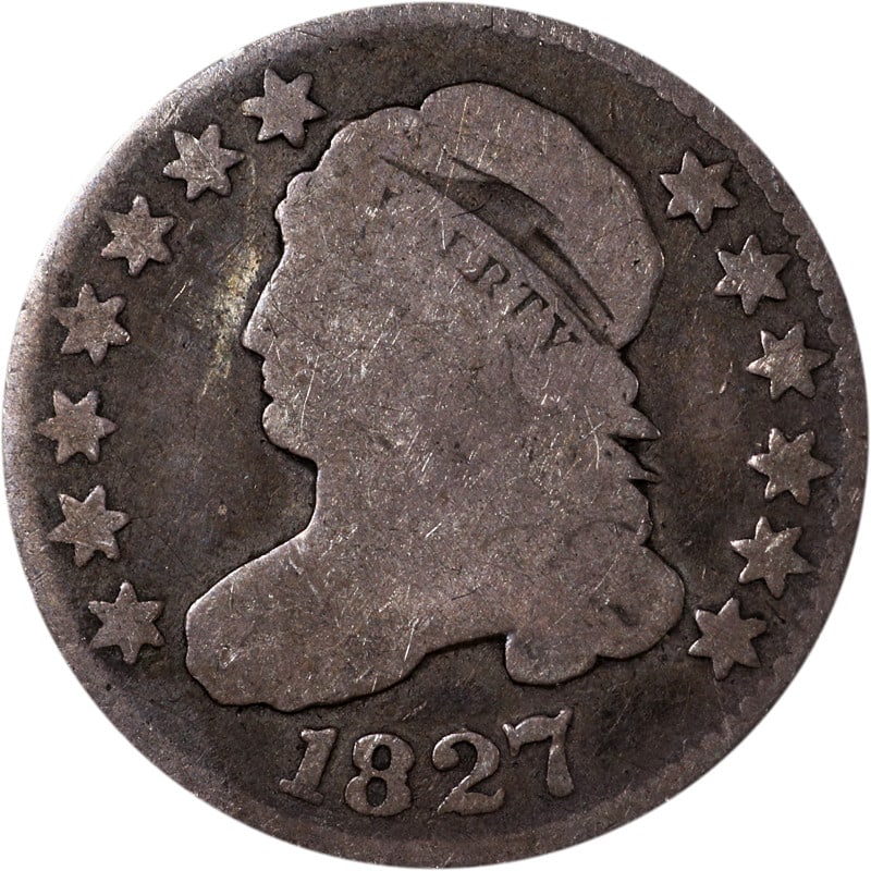 1827 United States Silver Bust Dime in Circulated Condition: 1827 United States Silver Bust Dime in Circulated Condition This is an 1827 Bust Dime from the United States, composed of silver. The coin is circulated and pre-owned, and is not certified. Specificat
