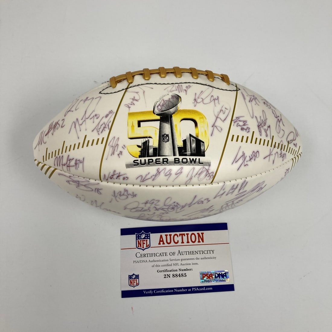 Super Bowl 50 Football Signed by 2015 Carolina Panthers Team PSA DNA COA: Super Bowl 50 Football Signed by 2015 Carolina Panthers Team PSA DNA COA This 2015 Carolina Panthers team-signed Super Bowl 50 football is a commemorative Wilson ball featuring signatures from over 65