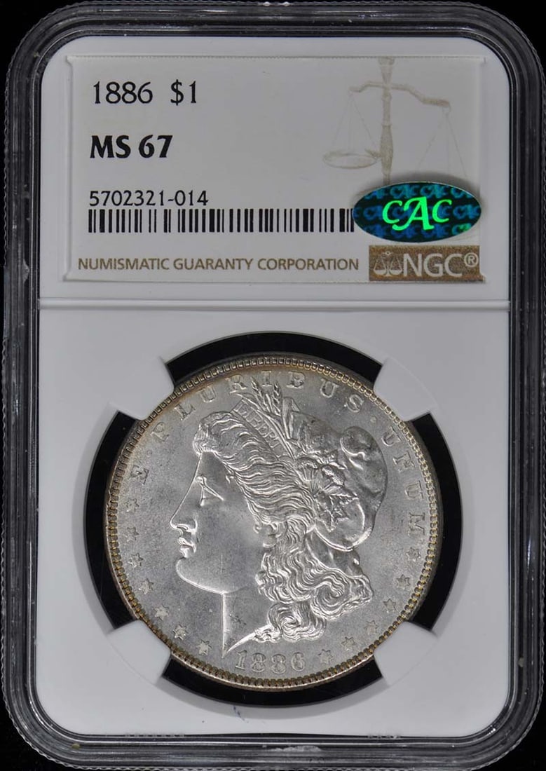 1886 Morgan Dollar NGC MS67 CAC Uncirculated Coin: 1886 Morgan Dollar NGC MS67 CAC Uncirculated Coin This 1886 Morgan Dollar is graded MS67 by NGC and features the prestigious CAC designation. Struck in Philadelphia, this coin is uncirculated, showcas