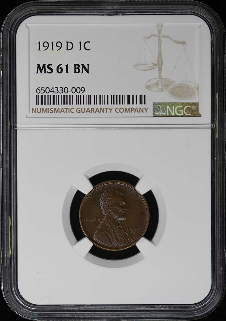 NGC MS61BN 1919-D Denver Lincoln Cent Wheat Reverse: NGC MS61BN 1919-D Denver Lincoln Cent Wheat Reverse This 1919-D Lincoln Wheat Cent has been graded MS61BN by NGC and is uncirculated. It features the Wheat reverse design and was minted in Denver. The