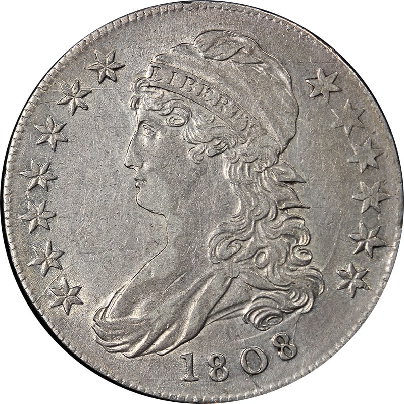 1808 Silver Bust Half Dollar AU to BU O-109a Variety R.3: 1808 Silver Bust Half Dollar AU to BU O-109a Variety R.3 This 1808 Bust Half Dollar is a stunning coin with exceptional eye appeal, showcasing nice luster and a well-defined strike. The coin features 