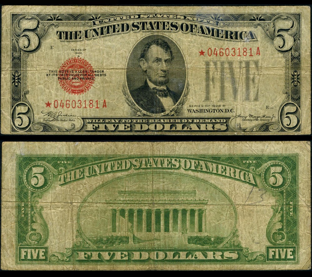 1928-B $5 Legal Tender Star Note FR. 1527 Uncertified Circulated: 1928-B $5 Legal Tender Star Note FR. 1527 Uncertified Circulated This 1928-B $5 Legal Tender note (FR. 1527*) is in Very Good condition, showcasing original paper quality and appealing eye appeal. The
