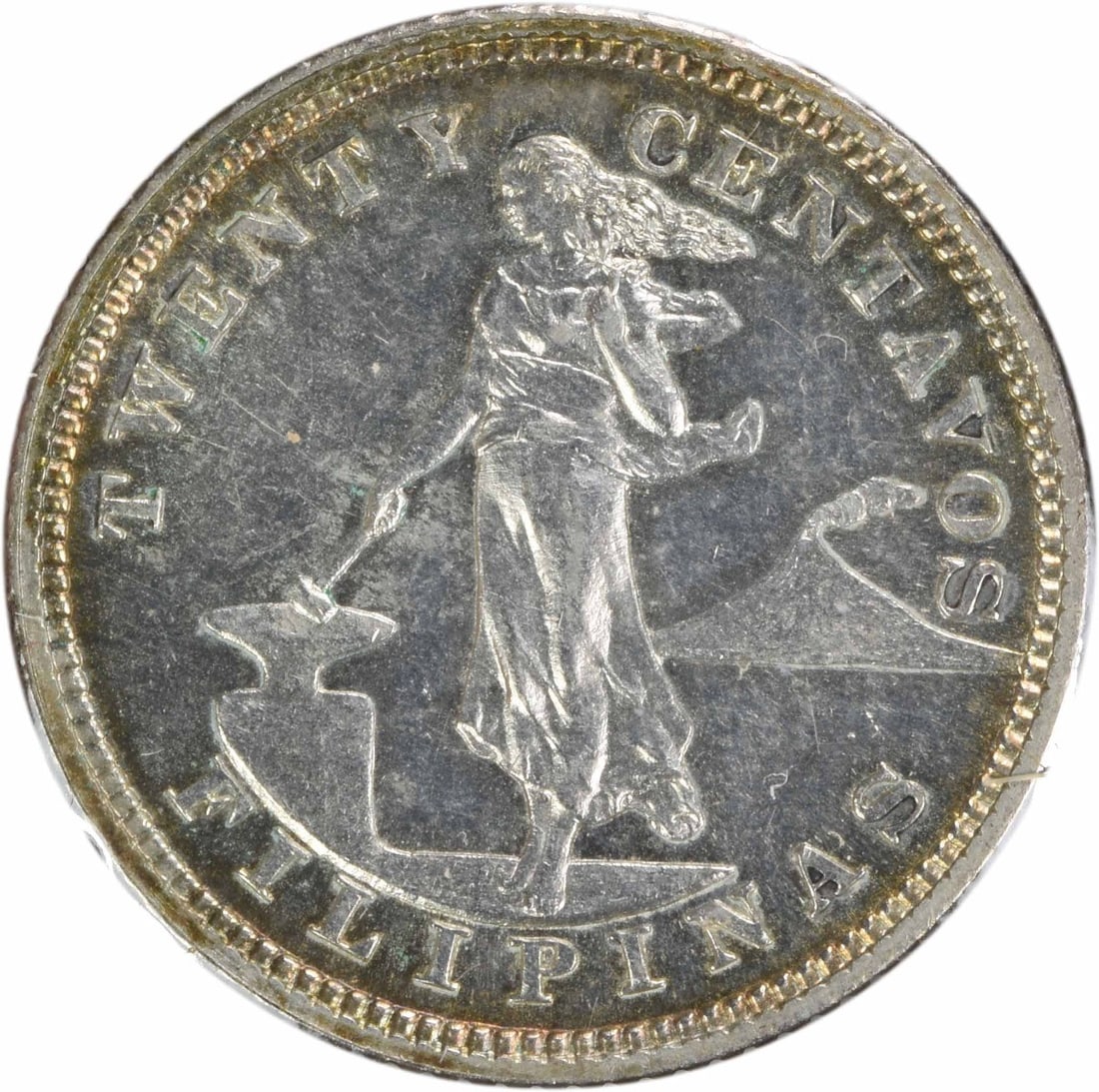 Philippines 1904 Silver 20 Centavos KM166 Uncirculated: Philippines 1904 Silver 20 Centavos KM166 Uncirculated This 1904 Philippines 20 Centavos coin is composed of silver and remains in uncirculated condition. It is an uncertified coin, cataloged as KM166