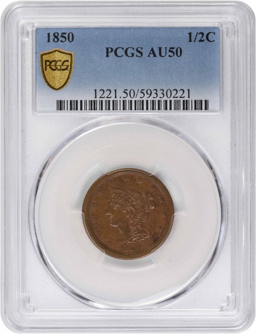 PCGS AU50 1850 Braided Hair Half Cent Copper: PCGS AU50 1850 Braided Hair Half Cent Copper This 1850 Braided Hair Half Cent is graded AU50 by PCGS and features a design by Christian Gobrecht. Struck in copper at the Philadelphia Mint, this circul