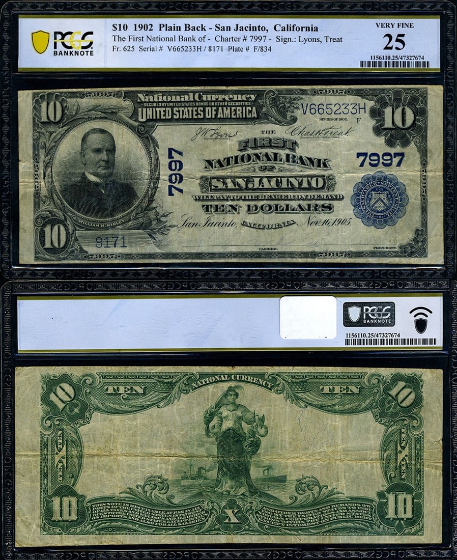 1902 PB San Jacinto California $10 National Bank Note PCGS VF25 (1 of 3)