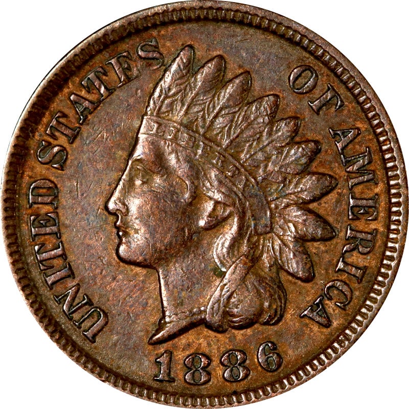 1886 Copper Indian Head Cent Type 2: 1886 Copper Indian Head Cent Type 2 This 1886 Type 2 Indian Cent is a circulated coin from the United States, composed of copper. It is an example of pre-owned currency and is not certified. This piec