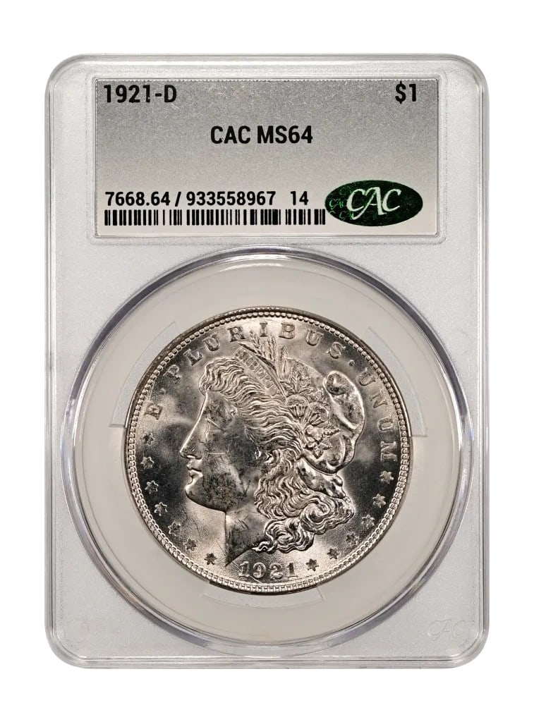 1921 Denver Morgan Dollar CAC MS 64 Silver: 1921 Denver Morgan Dollar CAC MS 64 Silver This 1921 Morgan Silver Dollar was minted in Denver and has been graded MS 64. Certified by CAC, it features attractive luster and is composed of silver. The