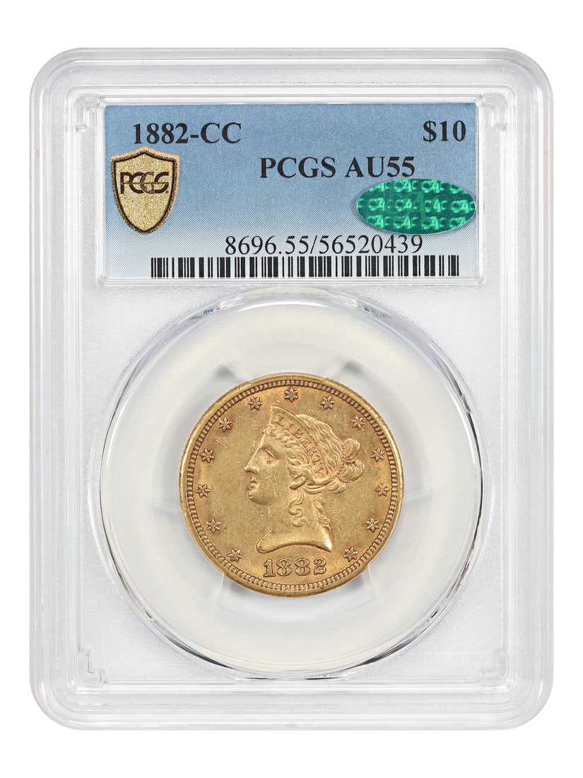 1882 CC Liberty Head $10 Gold Coin PCGS CAC AU55: 1882 CC Liberty Head $10 Gold Coin PCGS CAC AU55 This 1882-CC Liberty Head $10 gold coin is a scarce issue with a low mintage of just 6,764 pieces. Certified by PCGS and approved by CAC, it is graded 