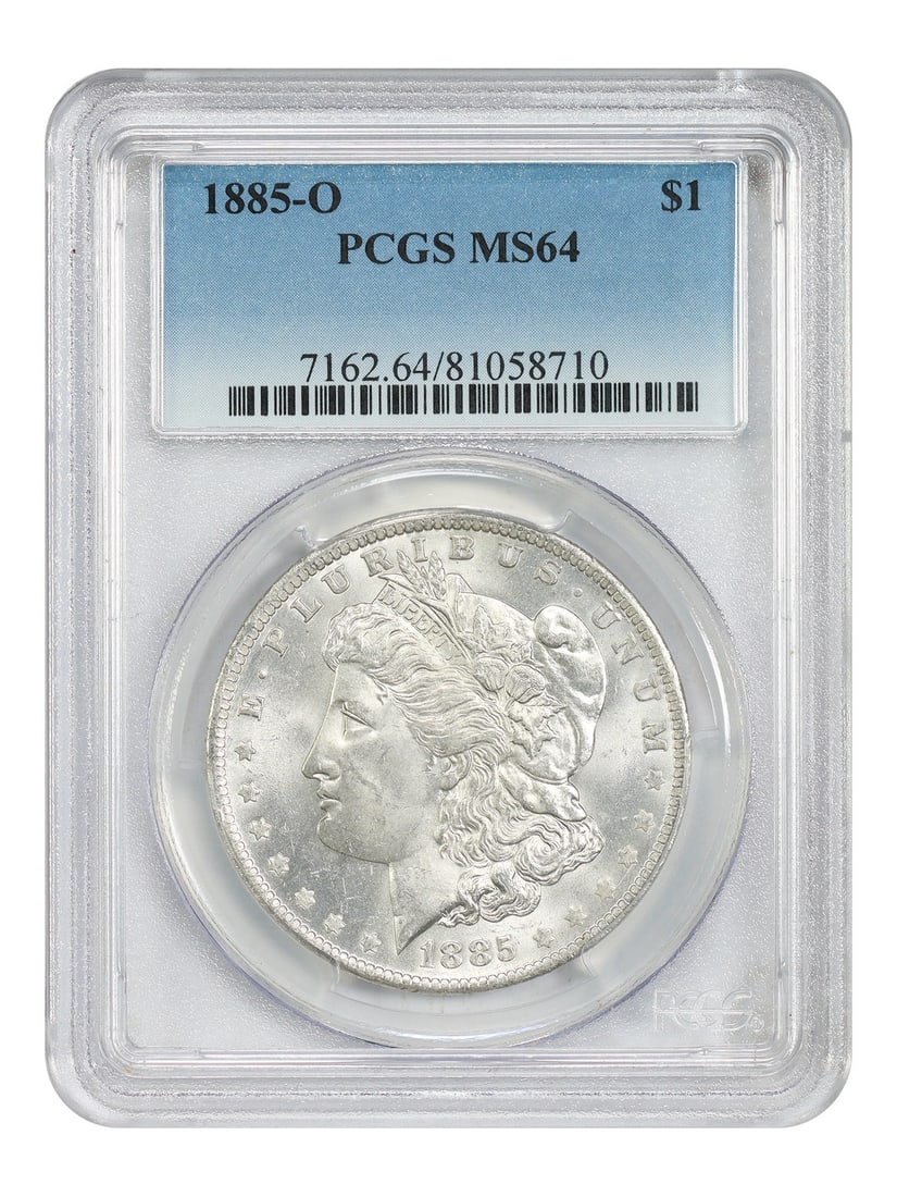 PCGS MS64 1885 New Orleans Morgan Silver Dollar: PCGS MS64 1885 New Orleans Morgan Silver Dollar This is an 1885-O Morgan silver dollar graded MS64 by PCGS. Minted in New Orleans, this uncirculated coin is part of the Morgan Dollar series, with a mi