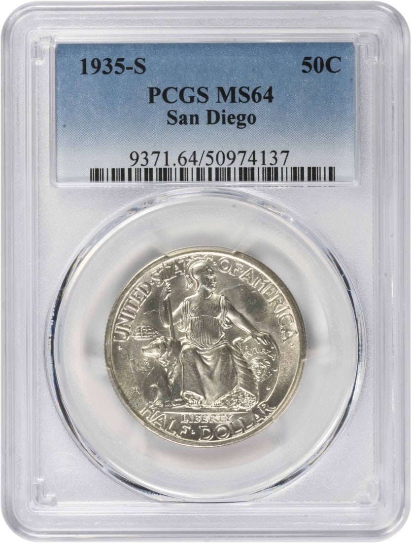 1935-S San Diego Commemorative Silver Half Dollar MS64 PCGS: 1935-S San Diego Commemorative Silver Half Dollar MS64 PCGS This 1935-S San Diego Commemorative Silver Half Dollar is a remarkable piece for any collector. Graded MS64 by PCGS, this coin features a be