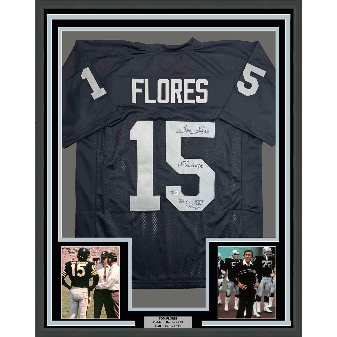 Tom Flores signed framed Oakland black jersey Beckett BAS COA 35x39 (1 of 2)