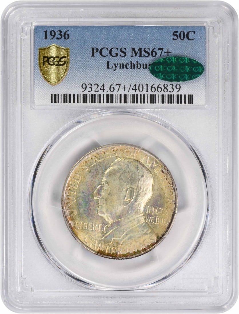 1936 Lynchburg Half Dollar 90% Silver PCGS MS67 Plus CAC Commemorative Coin: 1936 Lynchburg Half Dollar 90% Silver PCGS MS67 Plus CAC Commemorative Coin This 1936 Lynchburg Commemorative Silver Half Dollar is an uncirculated coin graded MS67+ by PCGS, accompanied by CAC certif