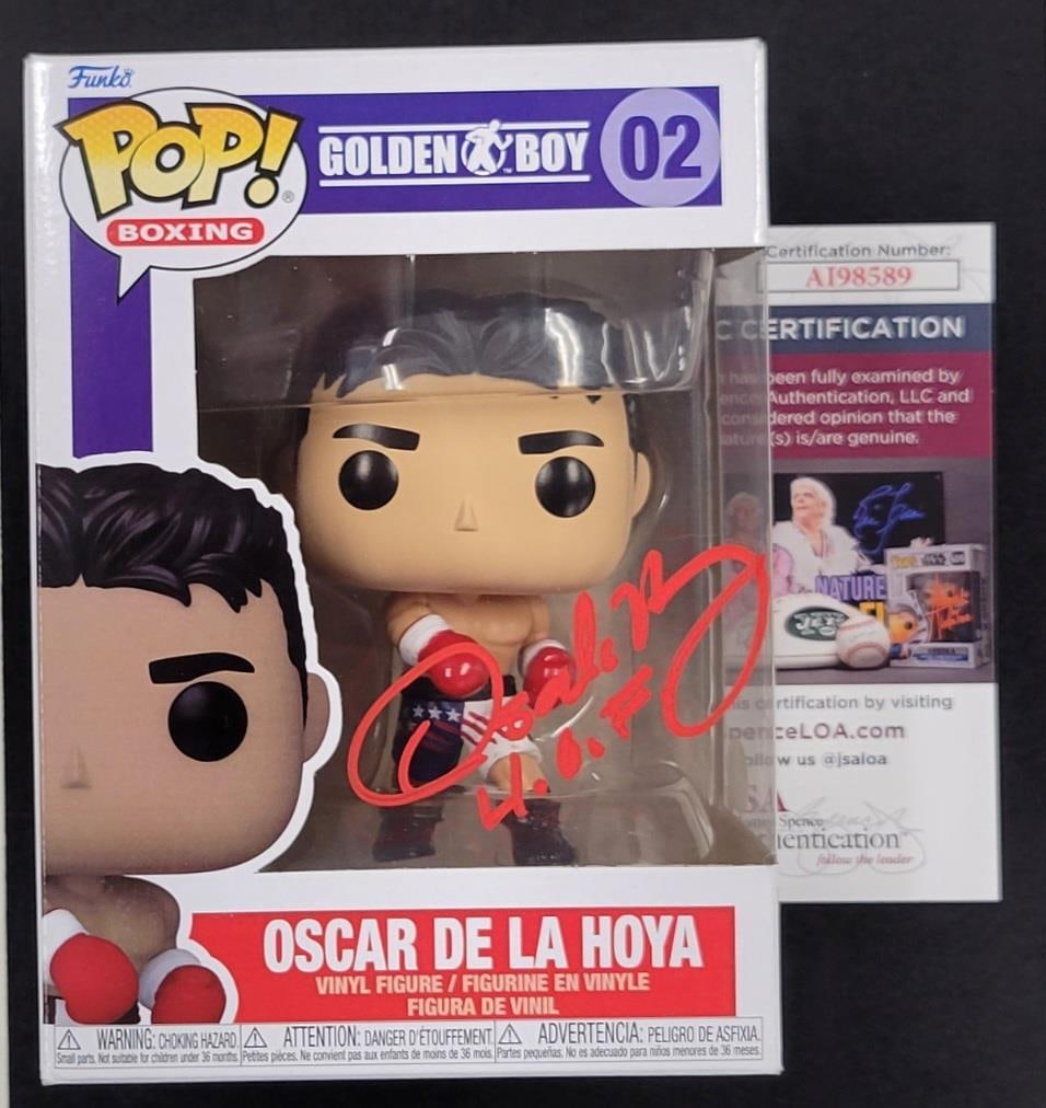 Oscar De La Hoya Signed RARE Funko Pop with JSA COA: Oscar De La Hoya Signed RARE Funko Pop with JSA COA This is a rare signed Funko Pop of boxing legend Oscar De La Hoya, featuring his autograph and the designation "HOF" for Hall of Fame. The item has 