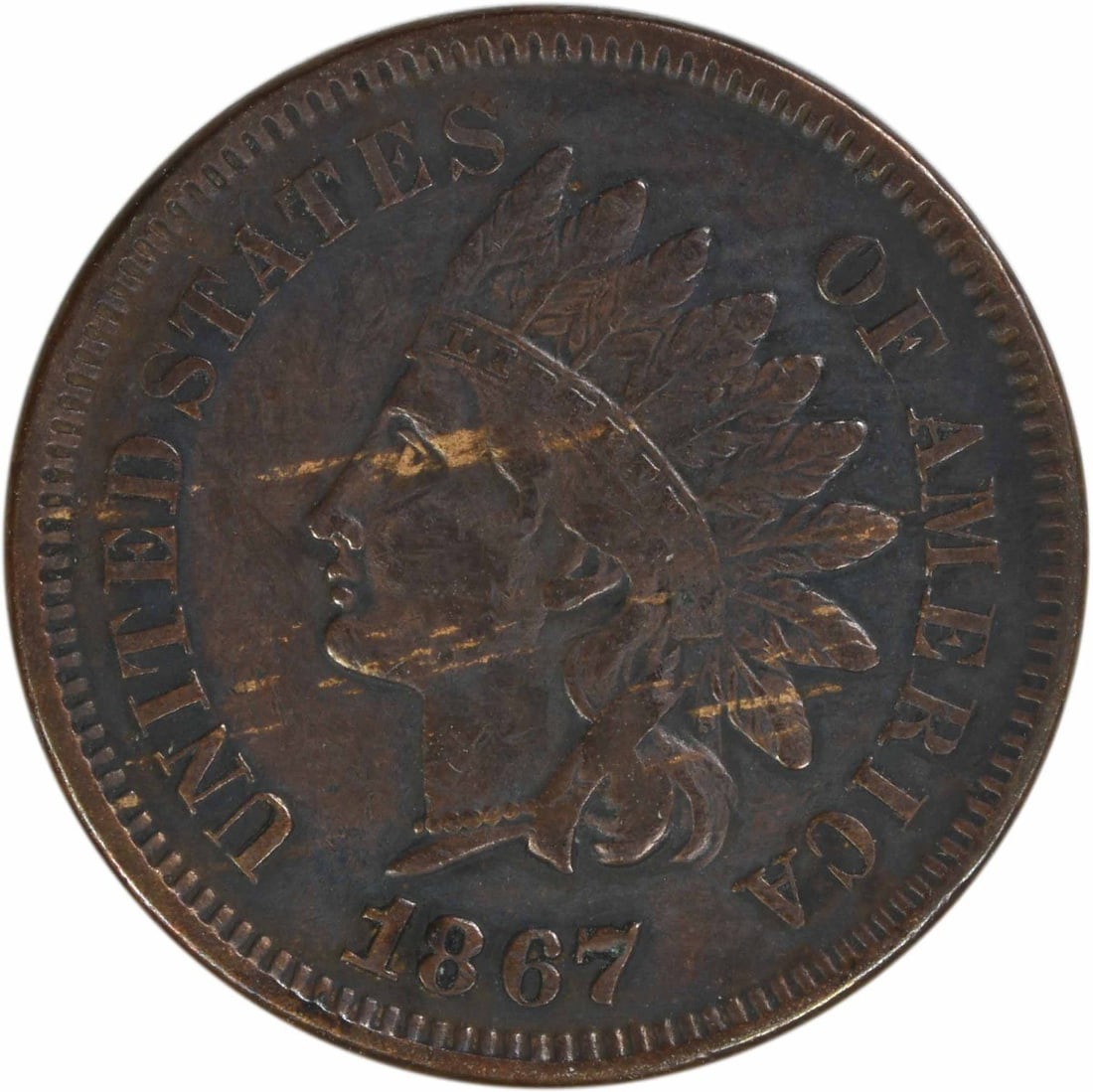 1867 Indian Head Small Cent EF Grade Uncertified US Coin: 1867 Indian Head Small Cent EF Grade Uncertified US Coin This 1867 Indian Head Cent is a circulated coin from the Philadelphia Mint, graded EF (Extremely Fine). Designed by James Barton Longacre, it f