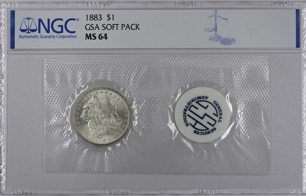 NGC MS64 1883 Morgan Silver Dollar GSA Soft Pack Uncirculated: NGC MS64 1883 Morgan Silver Dollar GSA Soft Pack Uncirculated This is an 1883 Morgan Dollar presented in a GSA soft pack, certified by NGC with a grade of MS64. The coin is uncirculated and was minted