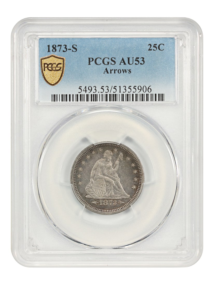 1873-S PCGS AU53 Arrows Seated Quarter: 1873-S PCGS AU53 Arrows Seated Quarter This 1873-S Liberty Seated Quarter features the "Arrows" variety and has been graded AU53 by PCGS. It is a circulated coin with attractive dove-grey and steel su
