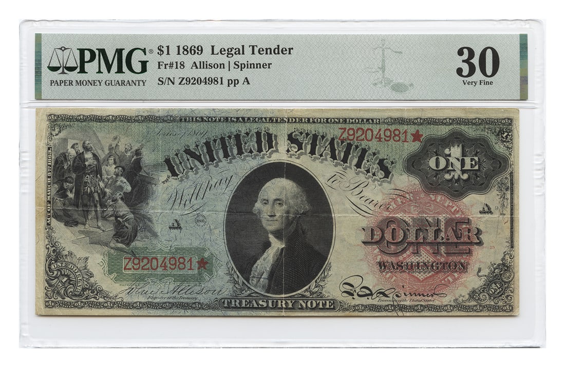 1869 $1 Legal Tender Large Size PMG Graded VF30: 1869 $1 Legal Tender Large Size PMG Graded VF30 This is an 1869 $1 Legal Tender large size note featuring the Allison/Spinner signatures. Certified by PMG with a grade of VF30, this circulated note is