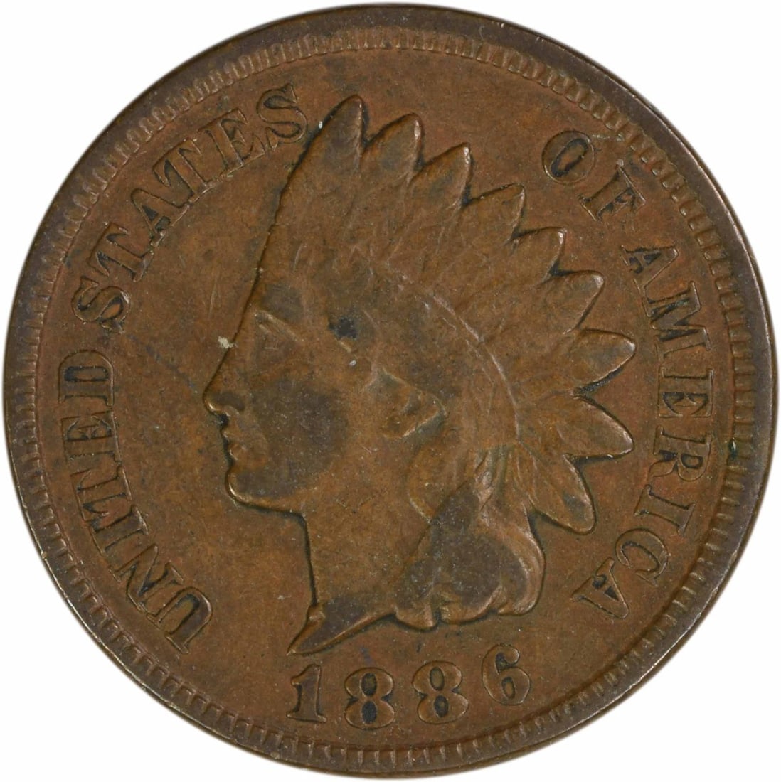 1886 Indian Head Cent Variety 2 VF Grade Uncertified Philadelphia: 1886 Indian Head Cent Variety 2 VF Grade Uncertified Philadelphia This 1886 Indian Head Cent is a circulated coin featuring Variety 2 from the Philadelphia Mint. Composed of 95% copper and 5% tin and 