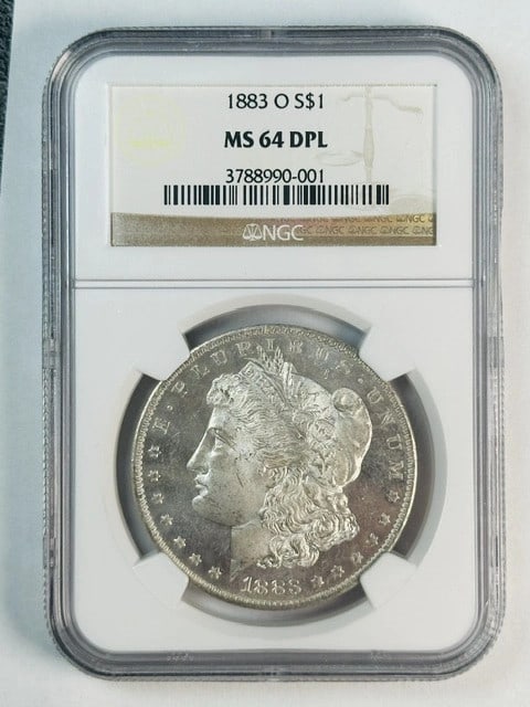 1883 New Orleans Morgan Dollar NGC MS-64 DPL Silver: 1883 New Orleans Morgan Dollar NGC MS-64 DPL Silver This 1883 Morgan Silver Dollar was struck at the New Orleans Mint and is certified by NGC with a grade of MS-64 DPL. Composed of silver, this uncirc