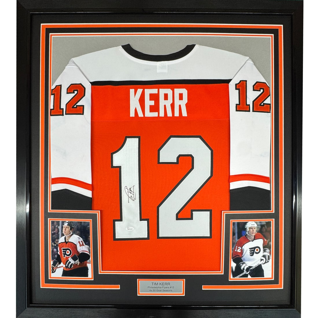 Framed Tim Kerr Autographed Philadelphia Flyers Jersey with JSA COA: Framed Tim Kerr Autographed Philadelphia Flyers Jersey with JSA COA This professionally framed and matted jersey features the autographed signature of NHL legend Tim Kerr, showcasing his affiliation