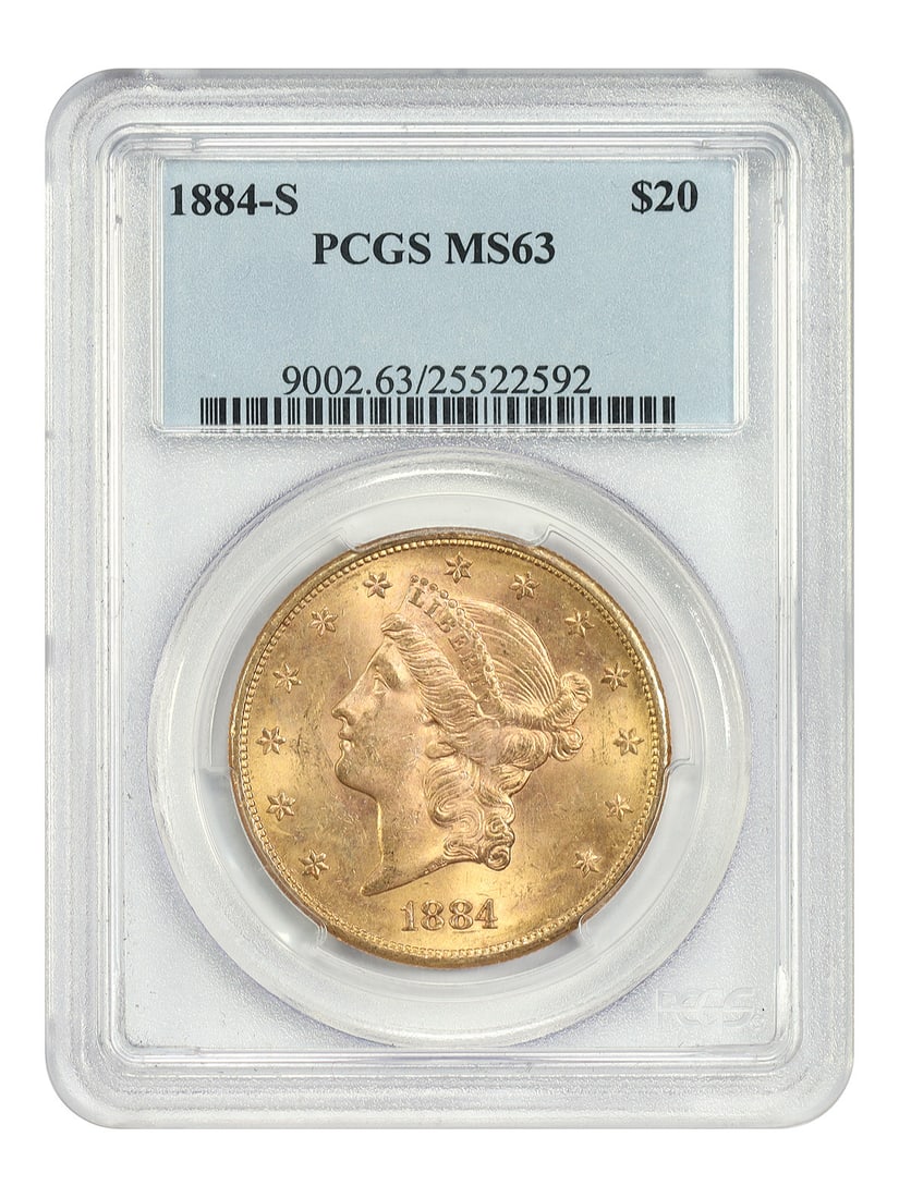 1884 San Francisco $20 Liberty Head Gold Double Eagle PCGS MS63: 1884 San Francisco $20 Liberty Head Gold Double Eagle PCGS MS63 This 1884-S Liberty Head $20 gold coin is graded MS63 by PCGS and originates from the San Francisco Mint. It features strong luster and 