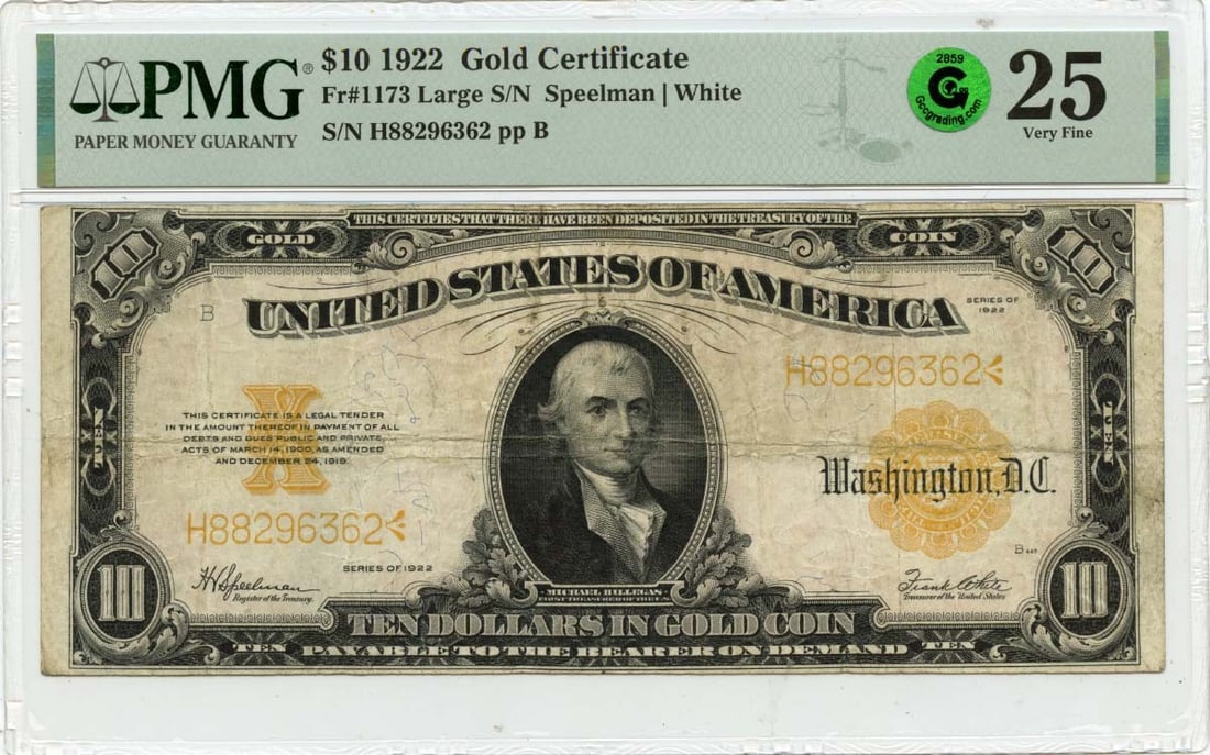 1922 $10 Gold Certificate Fr# 1173 PMG VF25 Large Serial Number: 1922 $10 Gold Certificate Fr# 1173 PMG VF25 Large Serial Number This 1922 $10 Gold Certificate features a large serial number and is designated as Fr# 1173. Certified by PMG with a grade of VF25, this