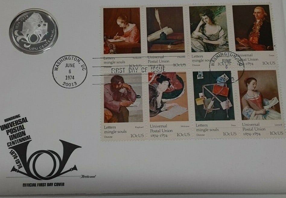 Fleetwood 1974 Universal Postal Union 0.999 Silver Proof Medal on First Day Cover (1 of 3)