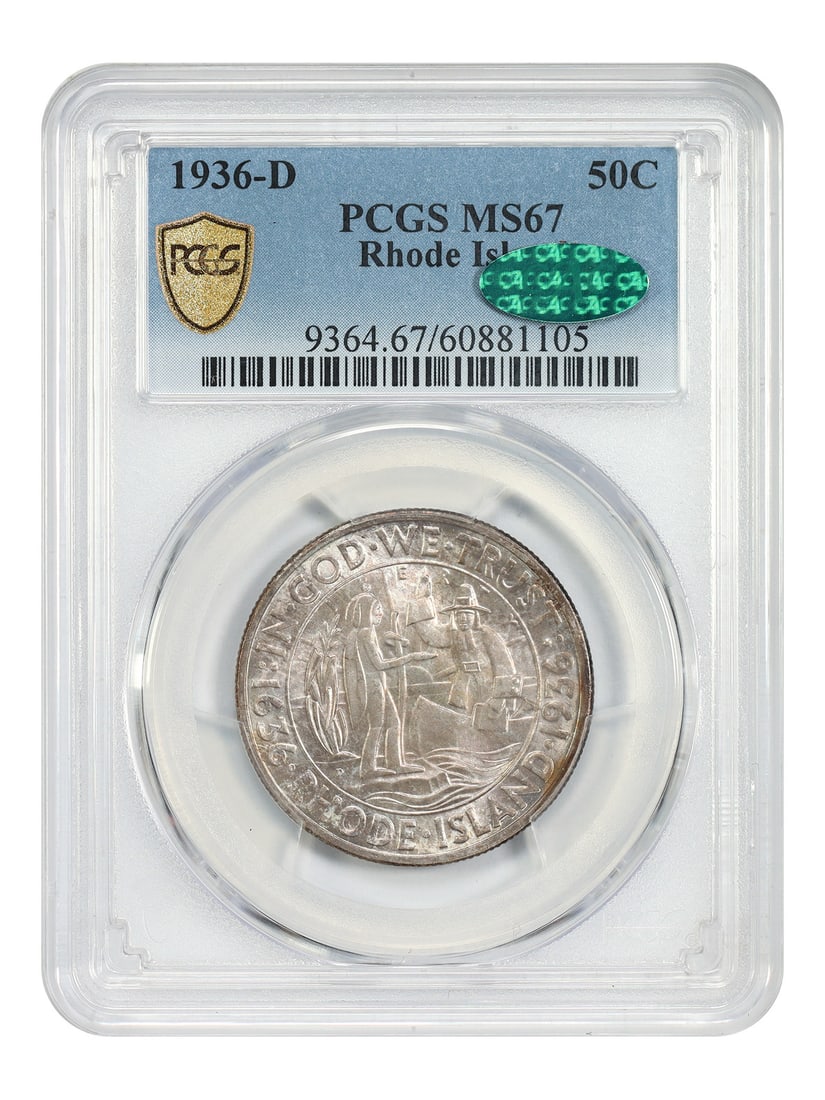 PCGS CAC MS67 1936-D Rhode Island 50C Silver Commemorative (1 of 4)