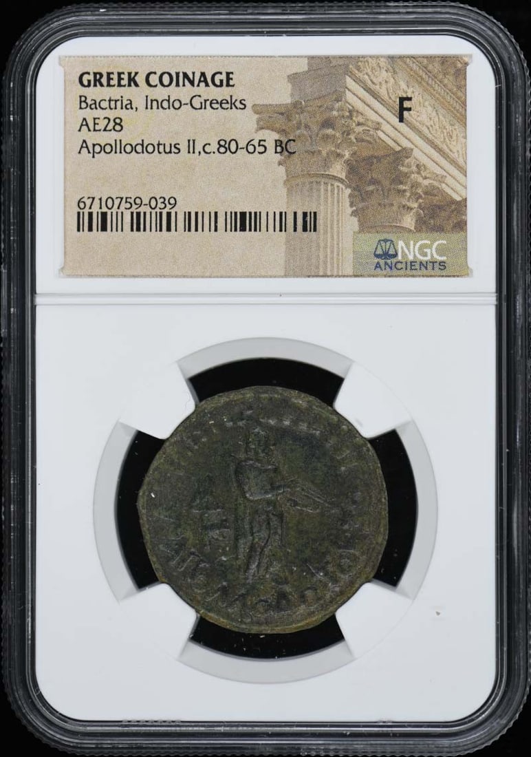 Apollodotus II 80-65 BC Indo-Greeks AE28 NGC F12 Coin: Apollodotus II 80-65 BC Indo-Greeks AE28 NGC F12 Coin This ancient coin hails from the era of Apollodotus II, dating back to approximately 80-65 BC, representing the Indo-Greek period in Bactria. It i