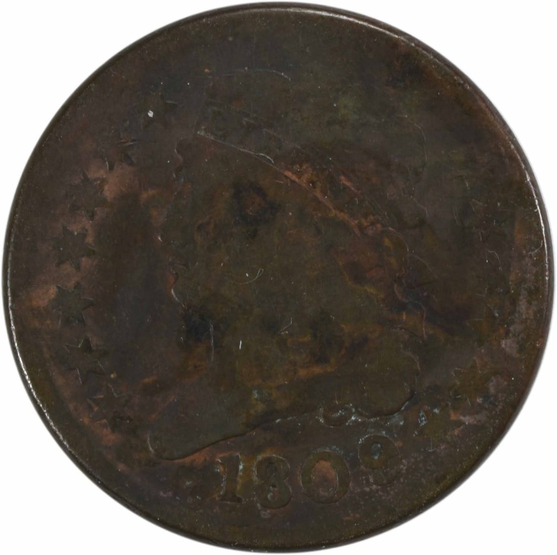 1809 Classic Head Half Cent Copper Coin John Reich Uncertified: 1809 Classic Head Half Cent Copper Coin John Reich Uncertified This 1809 Half Cent features the Classic Head design by John Reich and was minted in Philadelphia. The coin is in VG (Very Good) conditio