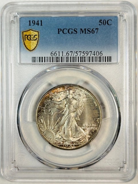 PCGS MS67 1941 Philadelphia Walking Liberty Silver Half Dollar: PCGS MS67 1941 Philadelphia Walking Liberty Silver Half Dollar This 1941 P Walking Liberty Half Dollar is certified by PCGS with a grade of MS 67, indicating it is un-used and in excellent condition. 