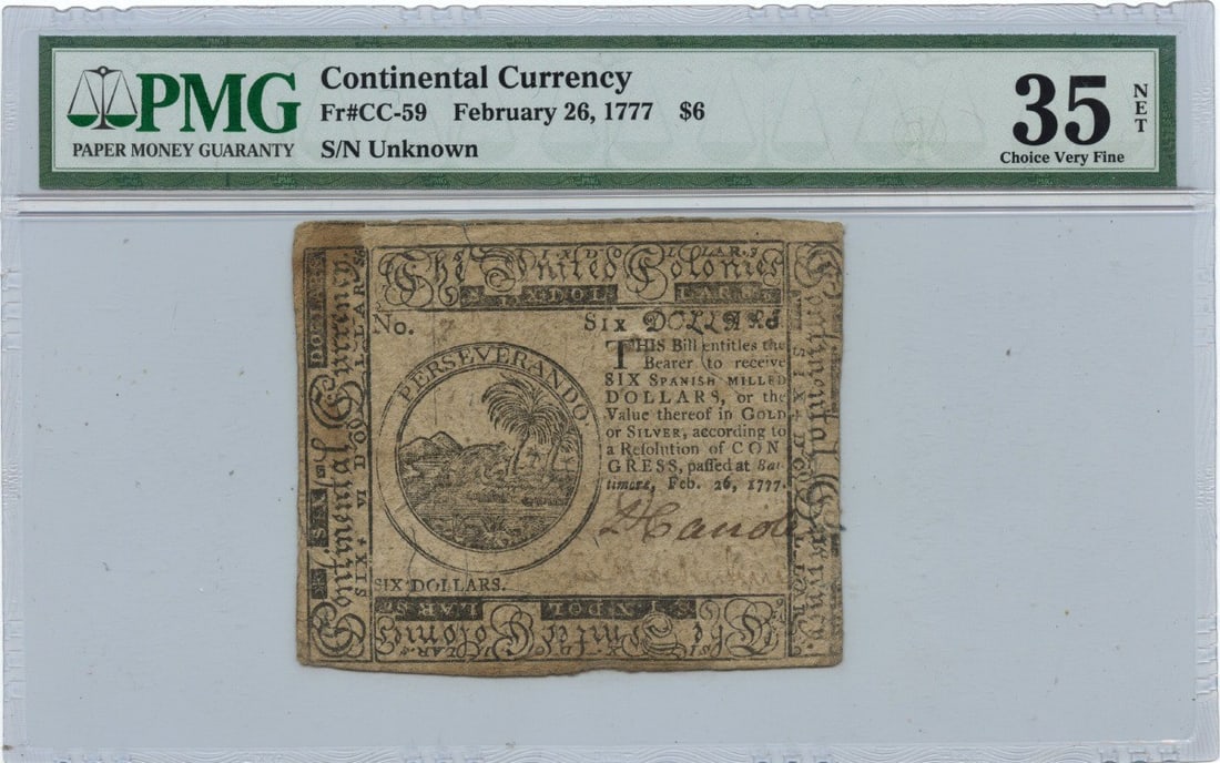 1777 $6 Continental Currency PMG VF35 Daniel Carroll Note: 1777 $6 Continental Currency PMG VF35 Daniel Carroll Note This 1777 February 26 $6 Continental Currency note, cataloged as FR#CC-59, is a notable historical collectible. Certified by PMG with a grade 