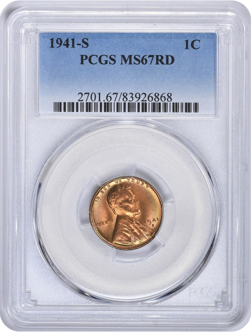 1941-S Lincoln Cent MS67RD PCGS Uncirculated Copper Coin: 1941-S Lincoln Cent MS67RD PCGS Uncirculated Copper Coin This stunning 1941-S Lincoln Cent, graded MS67RD by PCGS, showcases exceptional quality and detail. Featuring the iconic Lincoln Wheat design b