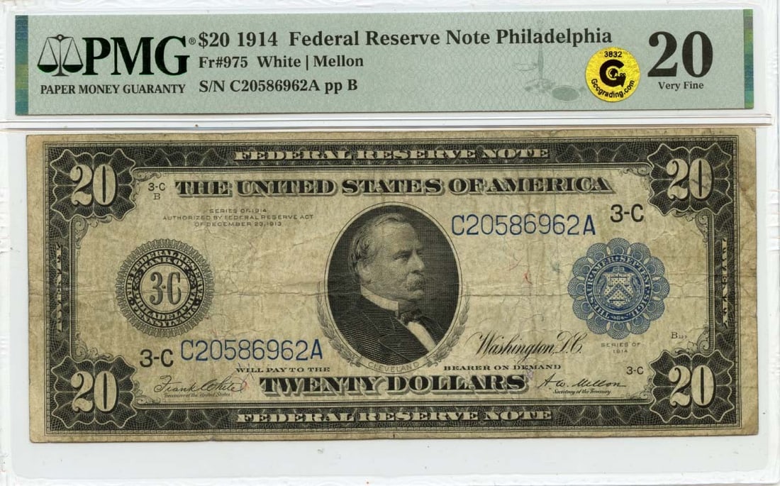 1914 $20 Federal Reserve Note PMG VF20 Philadelphia: 1914 $20 Federal Reserve Note PMG VF20 Philadelphia This 1914 $20 Federal Reserve Note from Philadelphia, PA, is a remarkable piece of currency history. Graded VF20 by PMG, this note exhibits characte