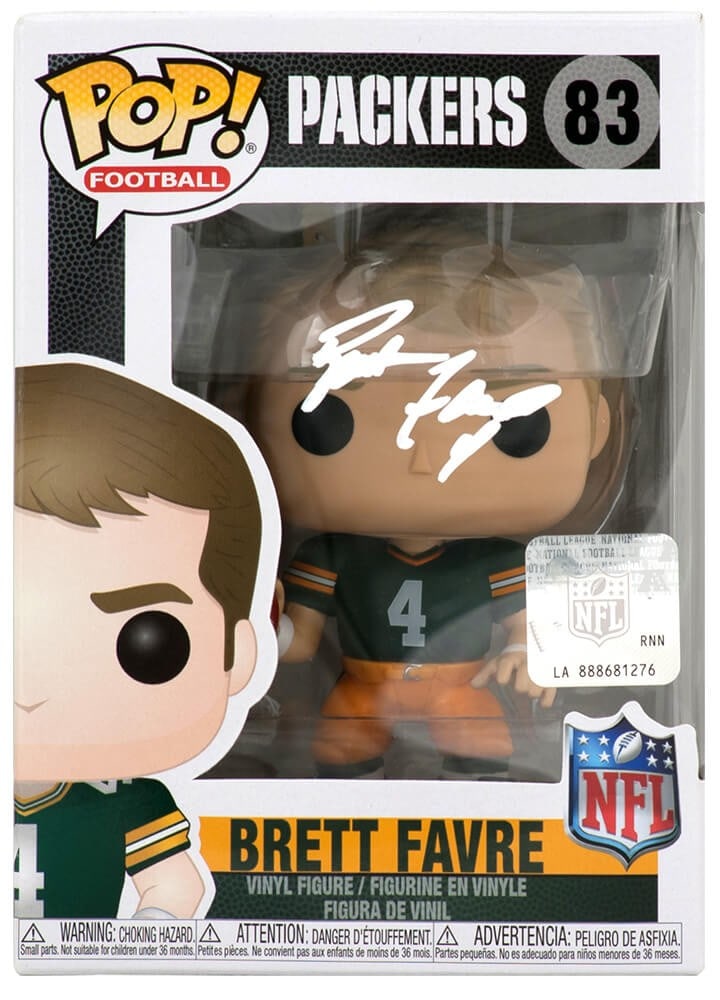 Brett Favre Signed Funko Pop #83 with Tamper-Proof Hologram: Brett Favre Signed Funko Pop #83 with Tamper-Proof Hologram This Brett Favre Signed Green Bay Packers NFL Legends Funko Pop #83 is a must-have collectible for any football fan. Featuring the legendary