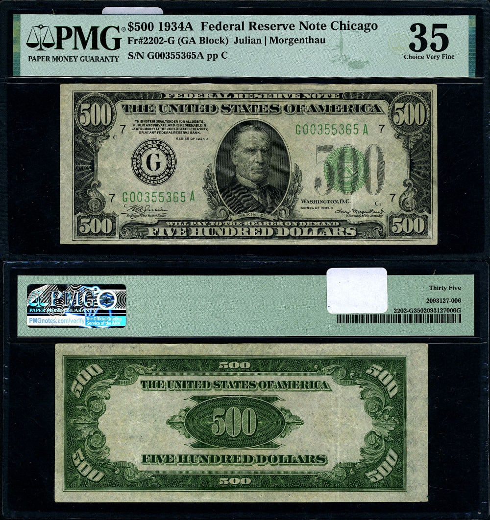 1934-A $500 Federal Reserve Note Chicago PMG VF35 Choice G-A Block: 1934-A $500 Federal Reserve Note Chicago PMG VF35 Choice G-A Block This 1934-A Federal Reserve Note, denomination $500, is a remarkable collectible from the Chicago G-A Block. Certified by PMG with a 