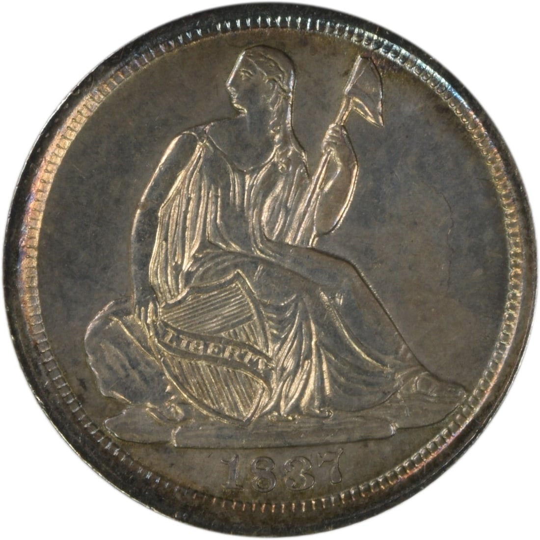 1837 Seated Half Dime No Stars Large Date Choice BU Silver: 1837 Seated Half Dime No Stars Large Date Choice BU Silver This 1837 Liberty Seated Half Dime features the No Stars, Large Date variety. Struck in silver, the coin is a pre-owned example from the Unit