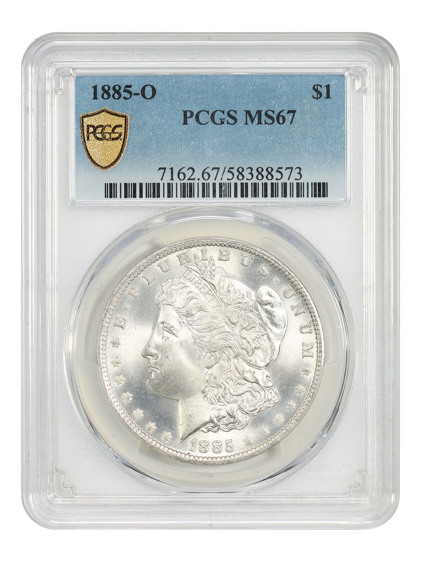 PCGS MS67 1885-O Morgan Silver Dollar New Orleans Mint: PCGS MS67 1885-O Morgan Silver Dollar New Orleans Mint This is an 1885-O Morgan Dollar graded MS67 by PCGS. Struck in New Orleans, this uncirculated silver dollar is a part of the popular Morgan Dolla