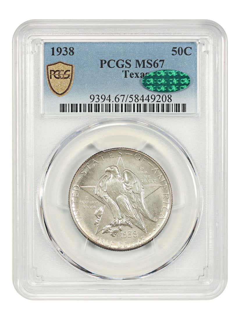 Texas 1938 50C PCGS CAC MS67 Silver Commemorative: Texas 1938 50C PCGS CAC MS67 Silver Commemorative This 1938 Texas 50-cent silver commemorative coin is graded MS67 by PCGS and features CAC approval. It is an uncirculated example from the Philadelphi