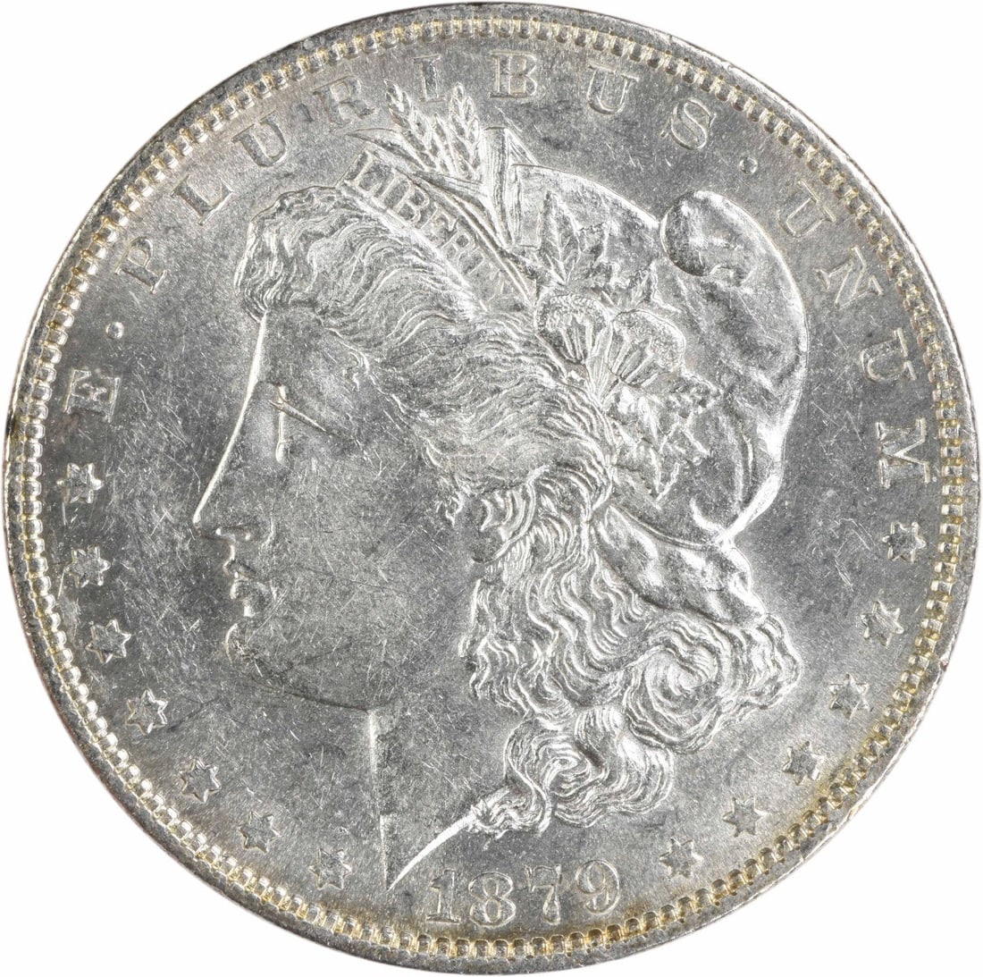 1879 O Morgan Dollar AU Uncertified New Orleans Mint: 1879 O Morgan Dollar AU Uncertified New Orleans Mint This 1879-O Morgan Silver Dollar is an attractive example from the New Orleans Mint. Composed of 90% silver and 10% copper, the coin features the i