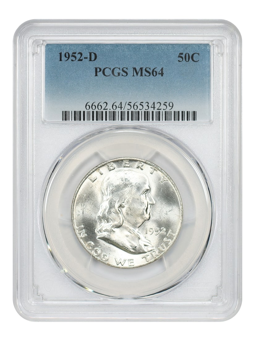 Franklin 1952-D Half Dollar PCGS MS64 Uncirculated 50 Cent Coin: Franklin 1952-D Half Dollar PCGS MS64 Uncirculated 50 Cent Coin This is a 1952-D Franklin Half Dollar graded MS64 by PCGS. The coin is uncirculated and was minted in Denver. It belongs to the Franklin