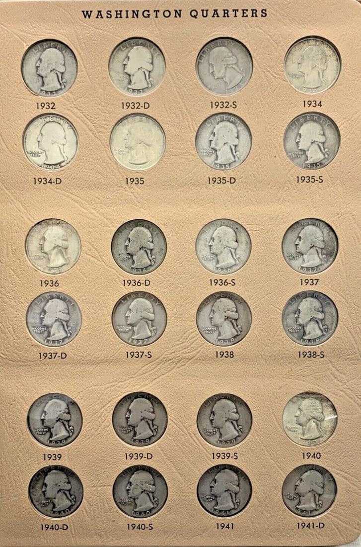Washington Silver Quarter Set 1932 to 1964 in Dansco Album: Washington Silver Quarter Set 1932 to 1964 in Dansco Album This is a complete set of Washington silver quarters from 1932 to 1964, including both circulated and uncirculated coins, presented in a Dans