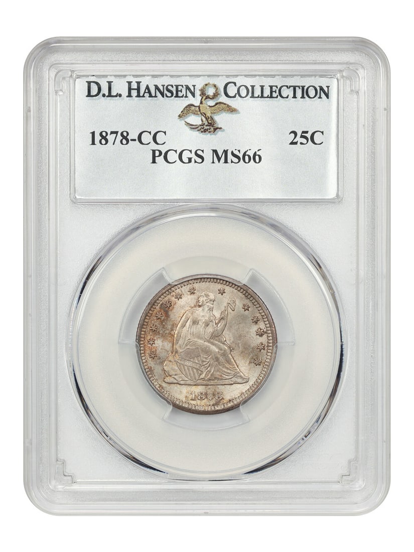 1878-CC Liberty Seated Quarter 25c PCGS MS66 D.L. Hansen Certified: 1878-CC Liberty Seated Quarter 25c PCGS MS66 D.L. Hansen Certified This 1878-CC 25c coin, certified by PCGS with a certification number of 25288840, showcases an outstanding uncirculated grade of MS66