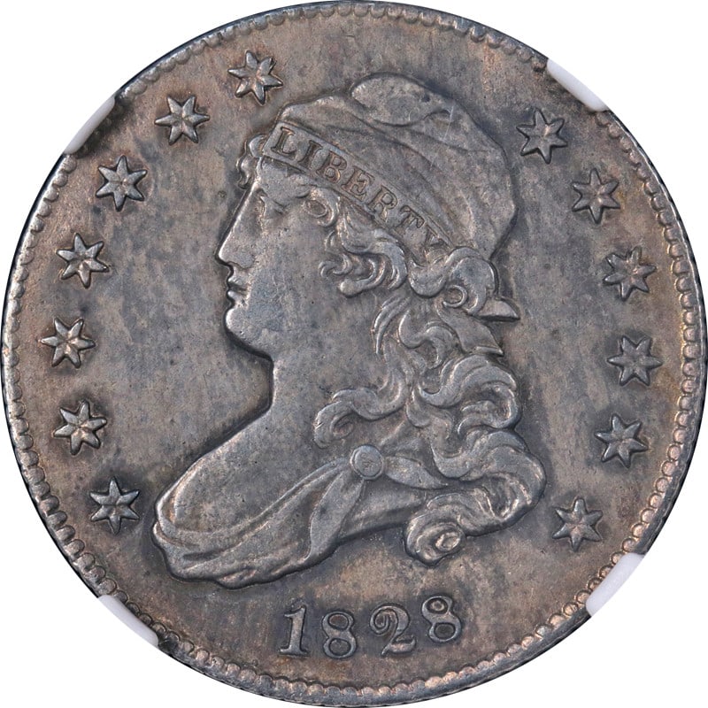 1828 Bust Quarter NGC AU Details Silver Coin Strong Strike: 1828 Bust Quarter NGC AU Details Silver Coin Strong Strike This 1828 Bust Quarter showcases impressive eye appeal and a strong strike, graded as AU Details by NGC. It is a circulated coin made of silv