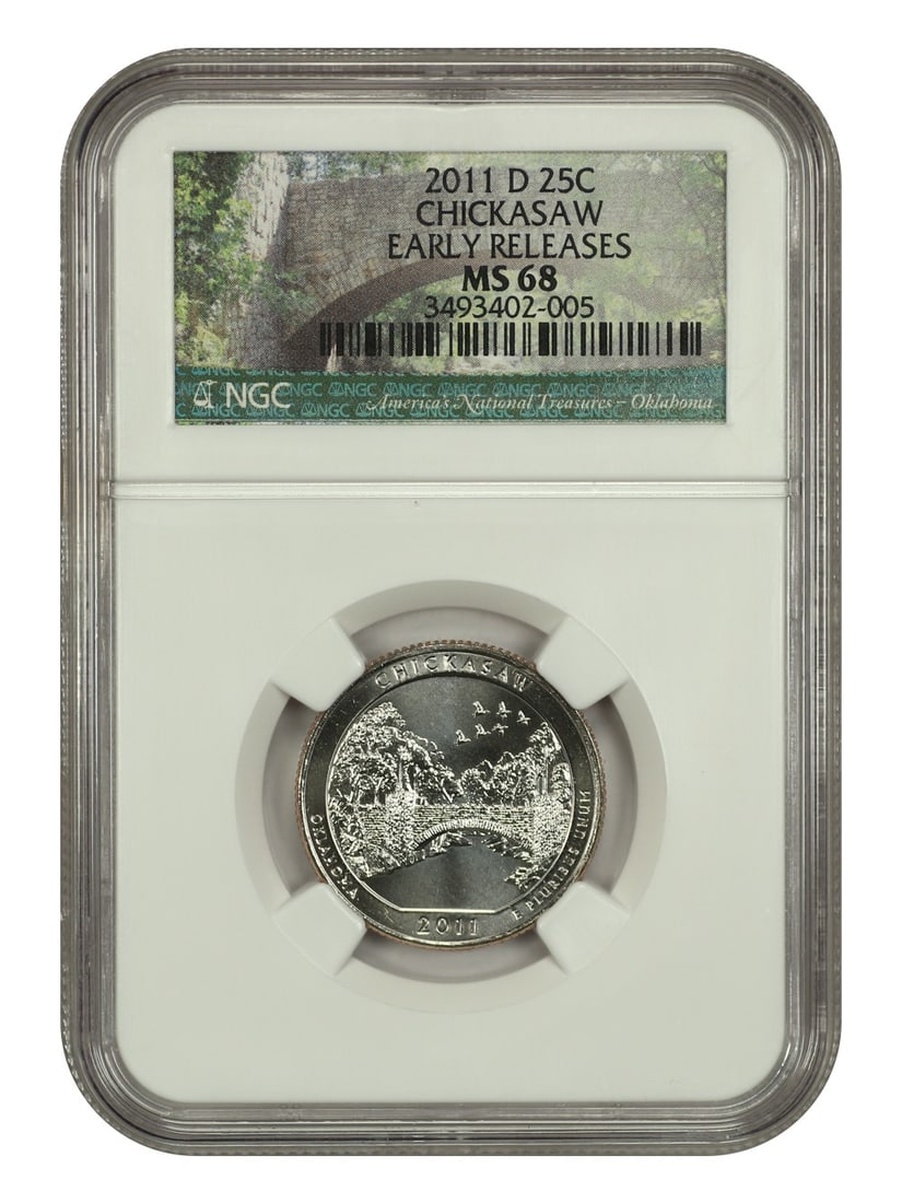 NGC MS68 2011-D Chickasaw National Park Quarter Type 1 Clad: NGC MS68 2011-D Chickasaw National Park Quarter Type 1 Clad This 2011-D Chickasaw National Park quarter is part of the Washington America the Beautiful Quarters series. Graded MS68 by NGC, this uncirc