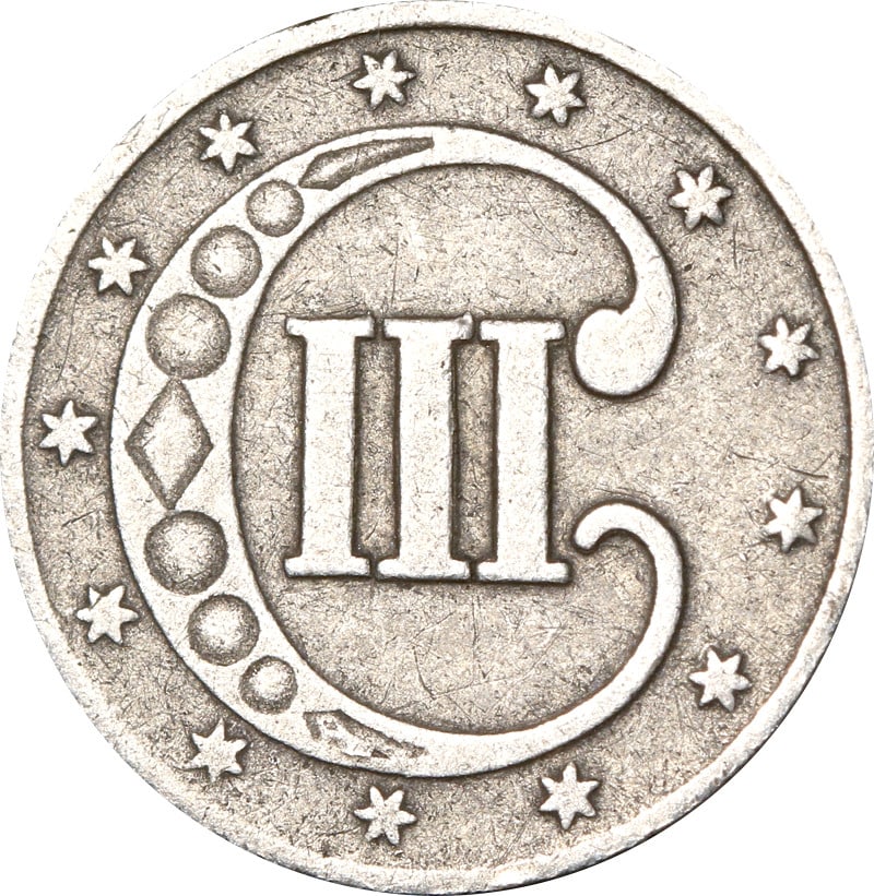 1853 Silver Three Cent Piece With Date Cud Error - 2